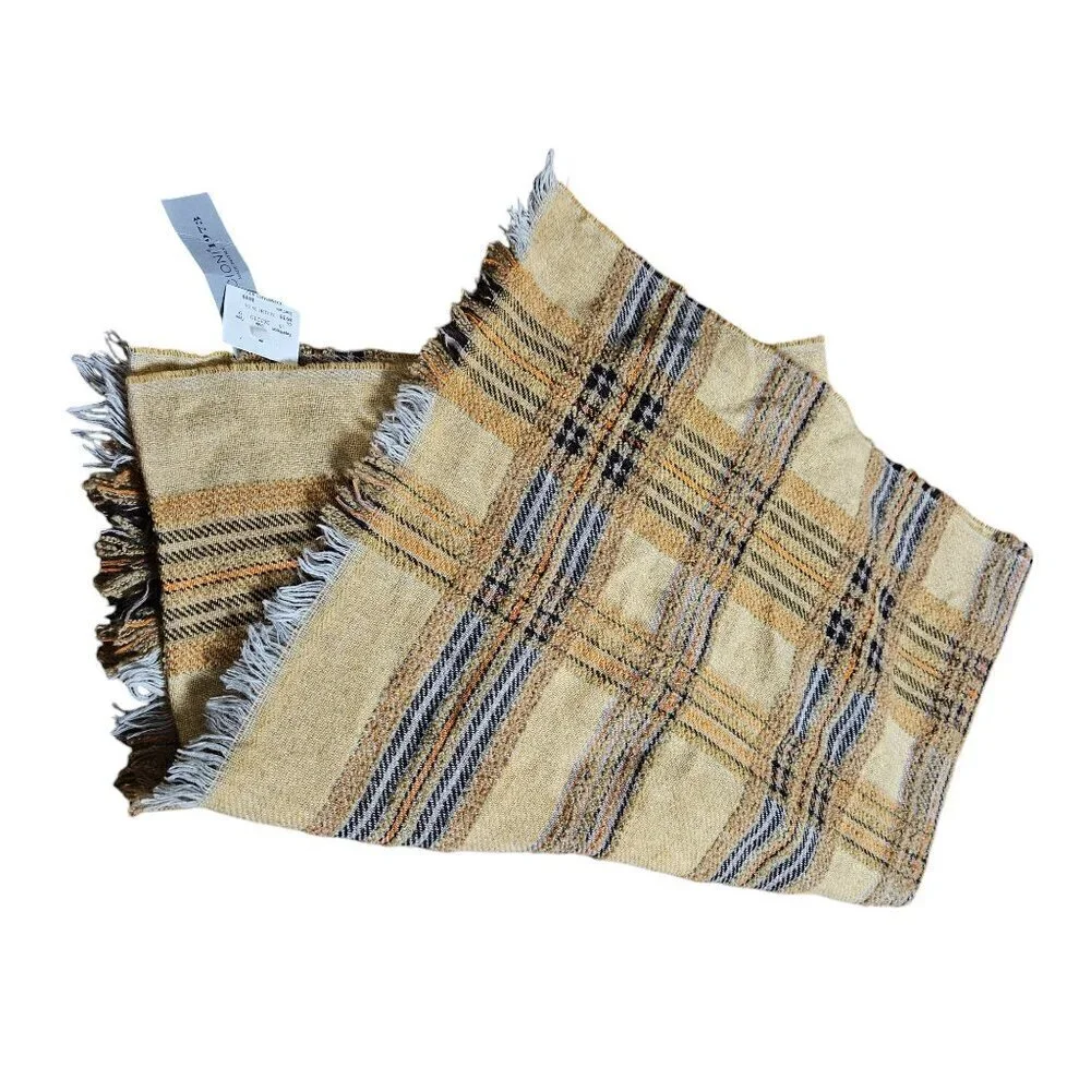 Lancioni 1973 Wool Blend Plaid Long Wrap Scarf‎ Fringed Artisanal Classic